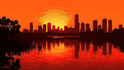 A city skyline silhouetted against a vibrant orange sunset, reflecting in a calm lake
