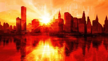 A fiery sunrise over a city skyline reflected in a still body of water