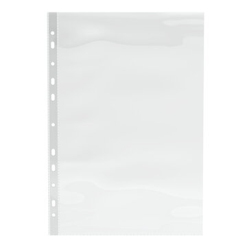 Sheet plastic protector, clear folder file. Punched pocket sheet, mockup empty A4. 3D rendering isolated on transparent background