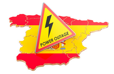 Fototapeta na wymiar Power Outage in Spain, concept. Power outage yellow triangle sign on Spanish flag. 3D rendering isolated on transparent background
