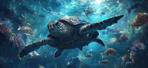 Majestic sea turtle gracefully swims amidst vibrant coral reef and diverse fish (1)