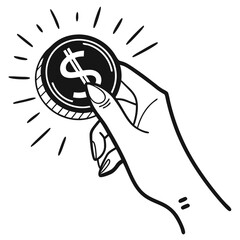 Line Art Hand Holding Coin with Dollar Symbol, Simple Black And White Outline Drawing