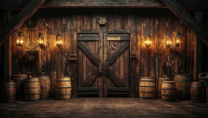 Rustic wooden barn interior with large doors, barrels, and lanterns
