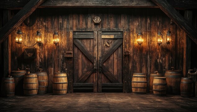 Rustic wooden barn interior with large doors, barrels, and lanterns