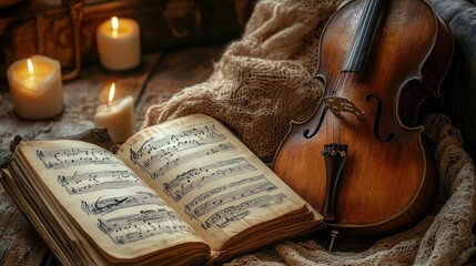 Vintage violin and music book