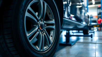 Close up of car wheel alignment in auto repair shop