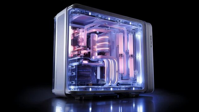 Custom built high performance gaming PC illuminated with liquid cooling system and unique design for extreme computing enthusiasts
