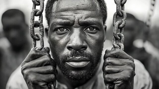 International Day for the Remembrance of the Slave Trade. Black and white portrait of a young African man holding onto rusty chains.