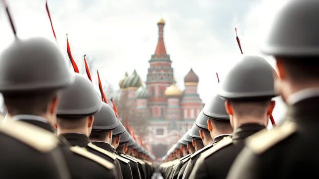 A line of soldiers in gray helmets stands in formation, with a grand building in the background.