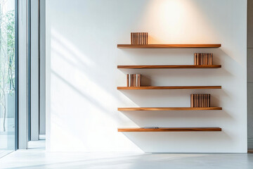  Minimalist library design with wooden shelves and books on glas