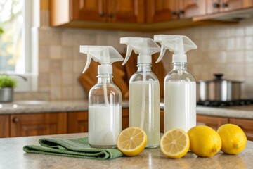 Creating eco-friendly homemade cleaners with glass spray bottles in a cozy kitchen setting featuring lemons and baking soda