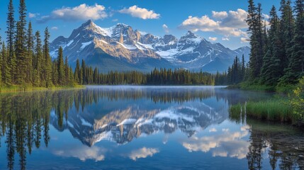 Fototapeta premium Majestic mountain peaks reflected in a tranquil lake.