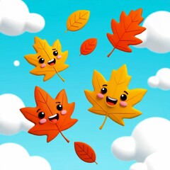 digital illustration three autumn leaves flying sky leaves orange yellow color cute cartoon like appearance floating different directions one leaf center two either side background light blue sky