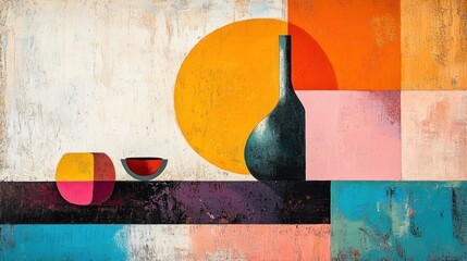 Abstract still life with bottle, fruit, and sun