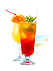 Sex on the Beach, Sea Breeze, Planters punch, Painkiller cocktail PNG set bundle, transparent isolated background. Mixology, bar menu cocktails, colorful vibrant refreshing drink with garnish