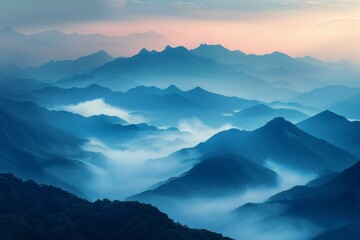 Fototapeta premium Mystic Blue Foggy Landscape Background – Dreamy Mountain Layers