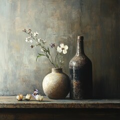 Still life with flowers and bottle