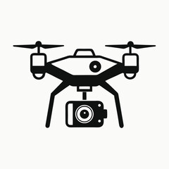 Isolated Black and White Quadcopter Drone Icon with Action Camera Minimalist Silhouette