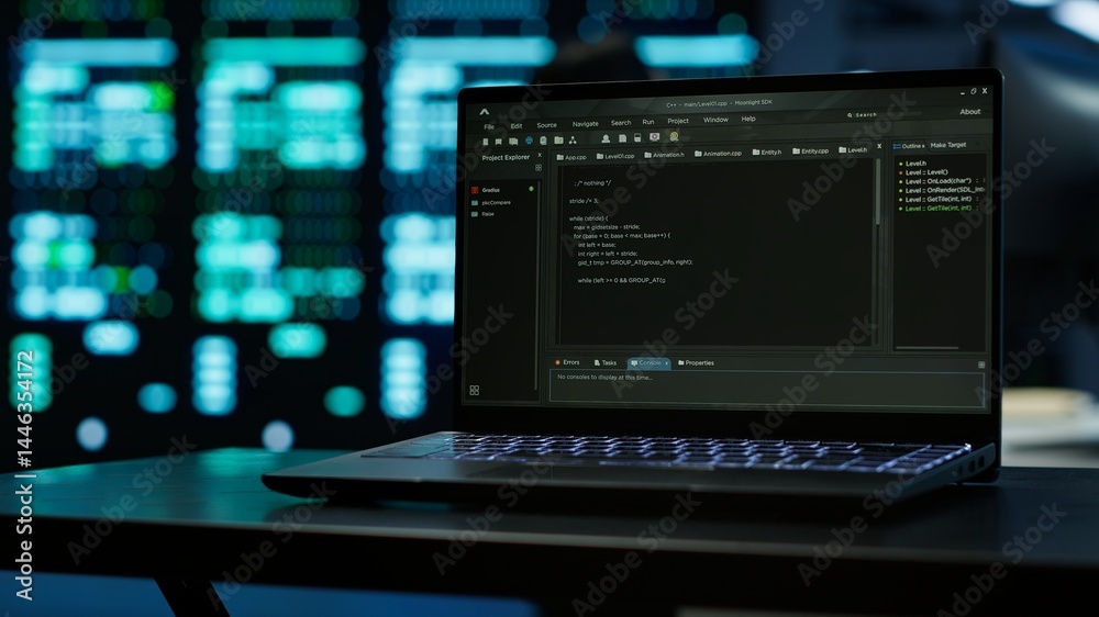 Poster close up of code running on laptop screen in data center used for managing gear energy consumption. 