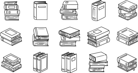 Open and closed paper books, bookshelf stack line icon. Outline hand drawn vintage diary, literature of bookstore, side and top view. Library mascots, simple books icon collection vector illustration