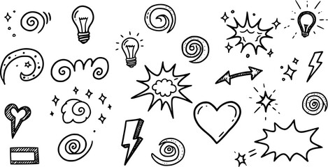 Comic speech effect icons, manga doodle elements set. Funny retro anime movement, exclamation and question, emphasis expressions. Surprise emotion of character in comic book style vector illustration