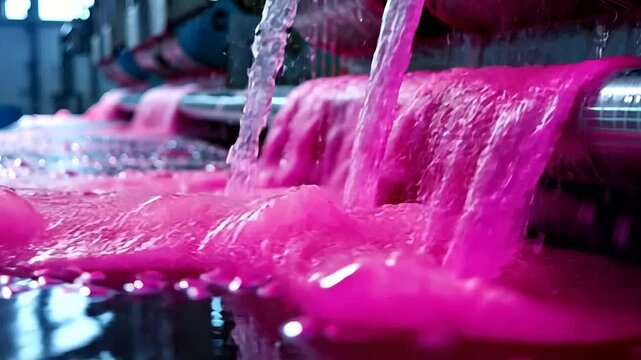 Pink fabric dyeing process. Water flows over dyed fabric
