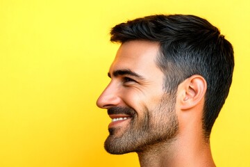 Obraz premium Elegant men's classic short back and sides haircut - midlife white man with black hair. Yellow solid background. Conceptual art of style for aging men. A stylish male making a statement.