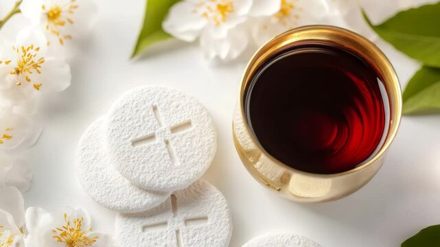 Holy communion elements: bread and wine, with white flowers.