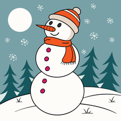 Smiling Snowman with Snowflakes, Flat Winter Holiday Vector.