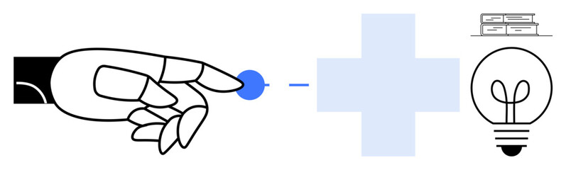 Robotic hand interacts with a digital sphere near a plus sign, books, and light bulb. Ideal for technology, innovation, creativity, artificial intelligence, automation, knowledge sharing futuristic