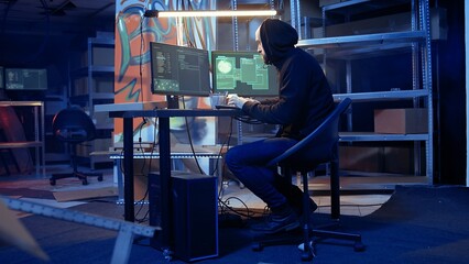 Revealing shot of spy using VPN and darknet as anonymity tools to mask online identity while stealing governmental secrets. Man in underground bunker masks his location, committing espionage, camera A © DC Studio