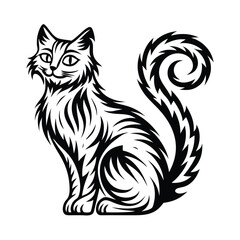 Ornate Black and White Cat Illustration, Decorative Feline, Curled Tail, Elegant Pet