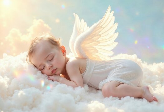 Sleeping baby with angel wings on clouds. Heavenly child concept for baptism, christening, or All Saints' Day. Symbolic innocence and purity for religious card.