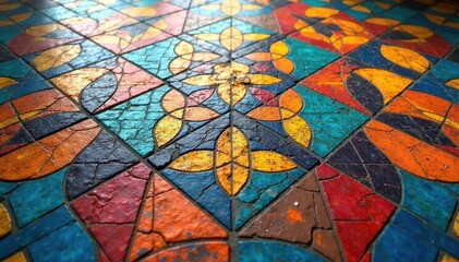 Obraz premium Intricate tile floor mosaic, geometric shapes, repeating, abstract