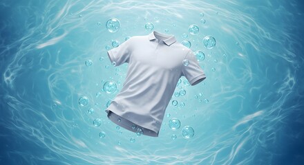 Clean White Polo Shirt Floating in Water with Bubbles for Advertising
