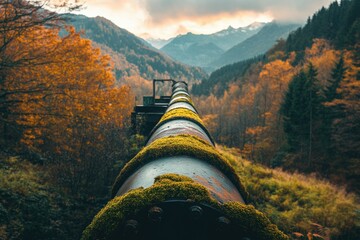 Moss-covered pipeline stretches across a scenic autumnal mountain valley, conveying a sense of remoteness and the passage of time.
