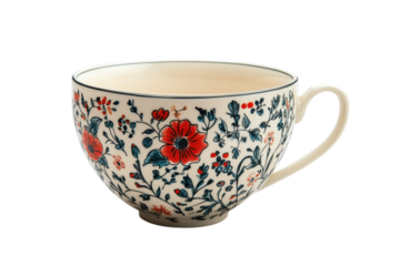 Elegant floral teacup red and blue flowers on cream perfect for afternoon tea studio shot on white