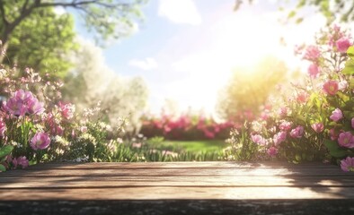 Spring garden, wooden table