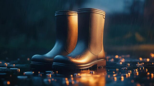 A pair of rain boots sitting on a small puddle of water