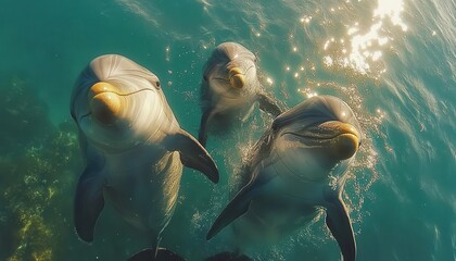 Fototapeta premium A photograph of a dolphin pod under the ocean surface, Marine Life, Social and lively