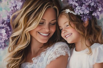 Obraz premium Affectionate mother and daughter, a tender portrait, surrounded by flowers.