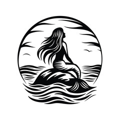 Silhouette of LongHaired Mermaid Sitting on Rock Surrounded by Water and Birds