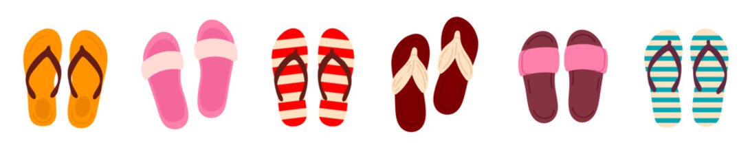 Large set of summer slippers and sandals in various colors and styles on white background