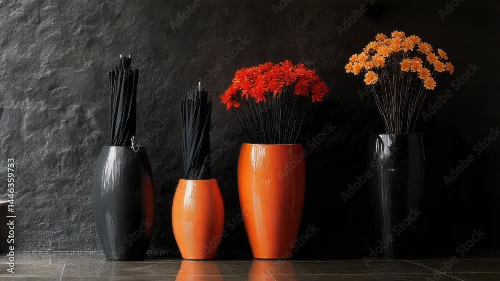 Poster a group of vases with flowers arranged inside