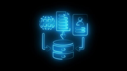 Glowing neon data-gathering icon isolated on black background. HD Video motion graphic animation