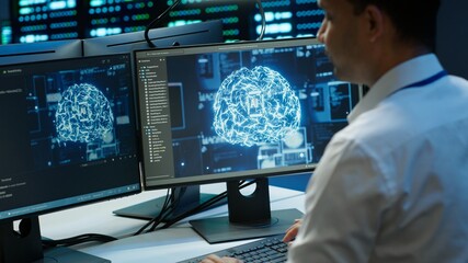 Computer scientist using AI tech on PC to do checkup in server room. IT staff member in data center using artificial intelligence technology to process datasets for training, camera A