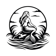 Monochrome Silhouette of Mermaid Sitting on Rock, Ocean Waves, Fairytale Creature