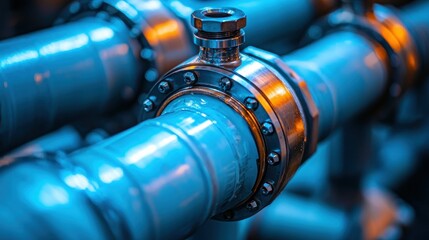 Fototapeta premium Metal pipes connecting. Blue, orange. Close up detail