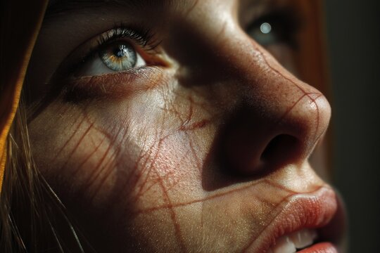 Woman's upward gaze with light creating facial shadows, showcasing intricate skin texture and light blue eye with long lashes