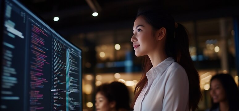 Focused programmer reviewing code at night